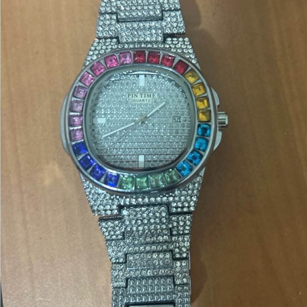 Silver Watch with Multicolor Gemstones